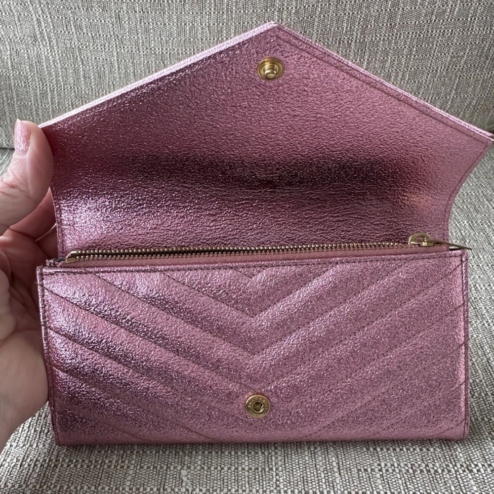 Authentic Shiny Matalic Pink YSL Yves Saint Laurent Wallet Genuine Leather - Picture 6 of 17
